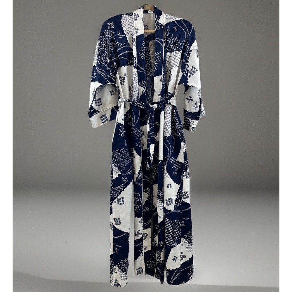 VINTAGE TORI RICHARD Satin Robe Sz M Navy Blue White Resort Beach Cover-Up Chic